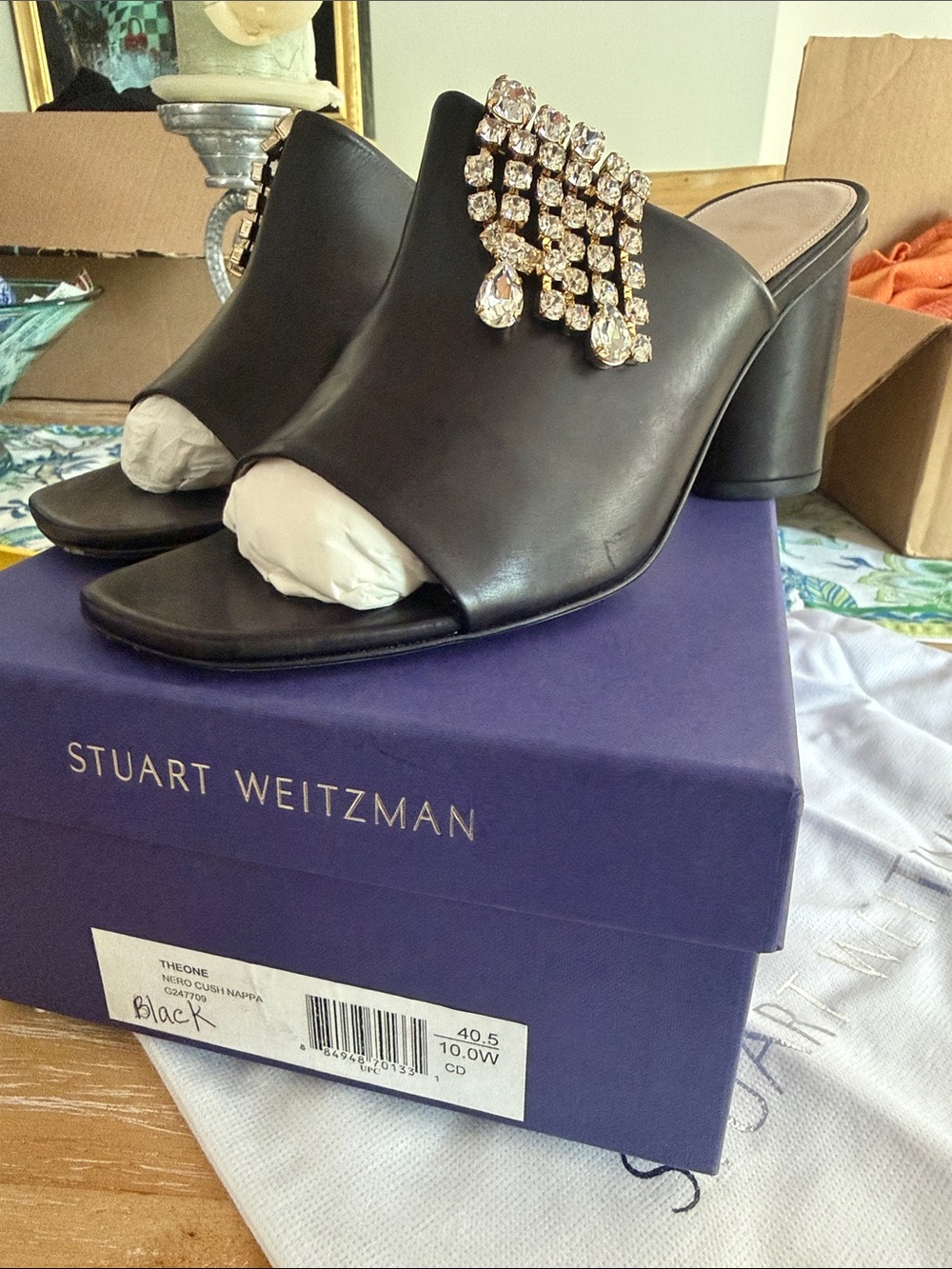 Stuart Weitzman Black Leather Crystal-Embellished Open-Toe Mule